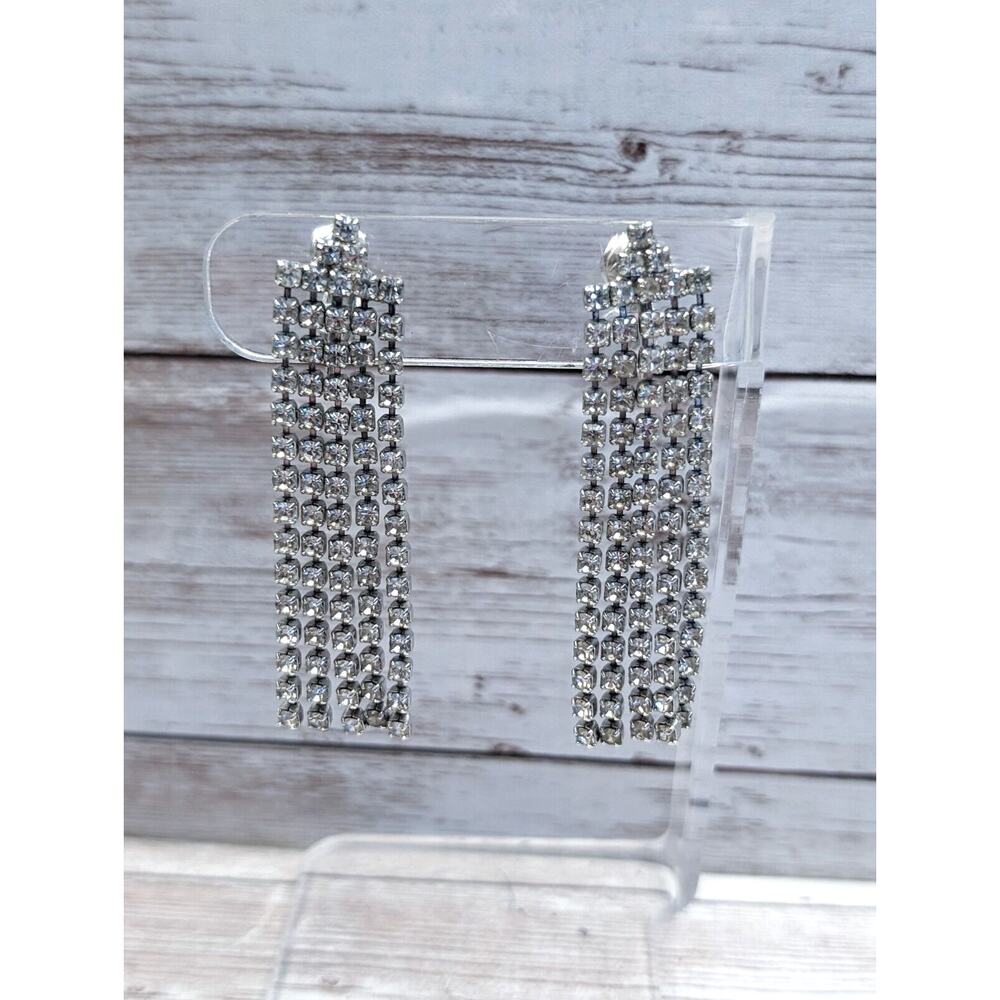 Vintage Clip On Earrings - Clear Gem Multi Strand Very Long Dangle 2 & 3/8"